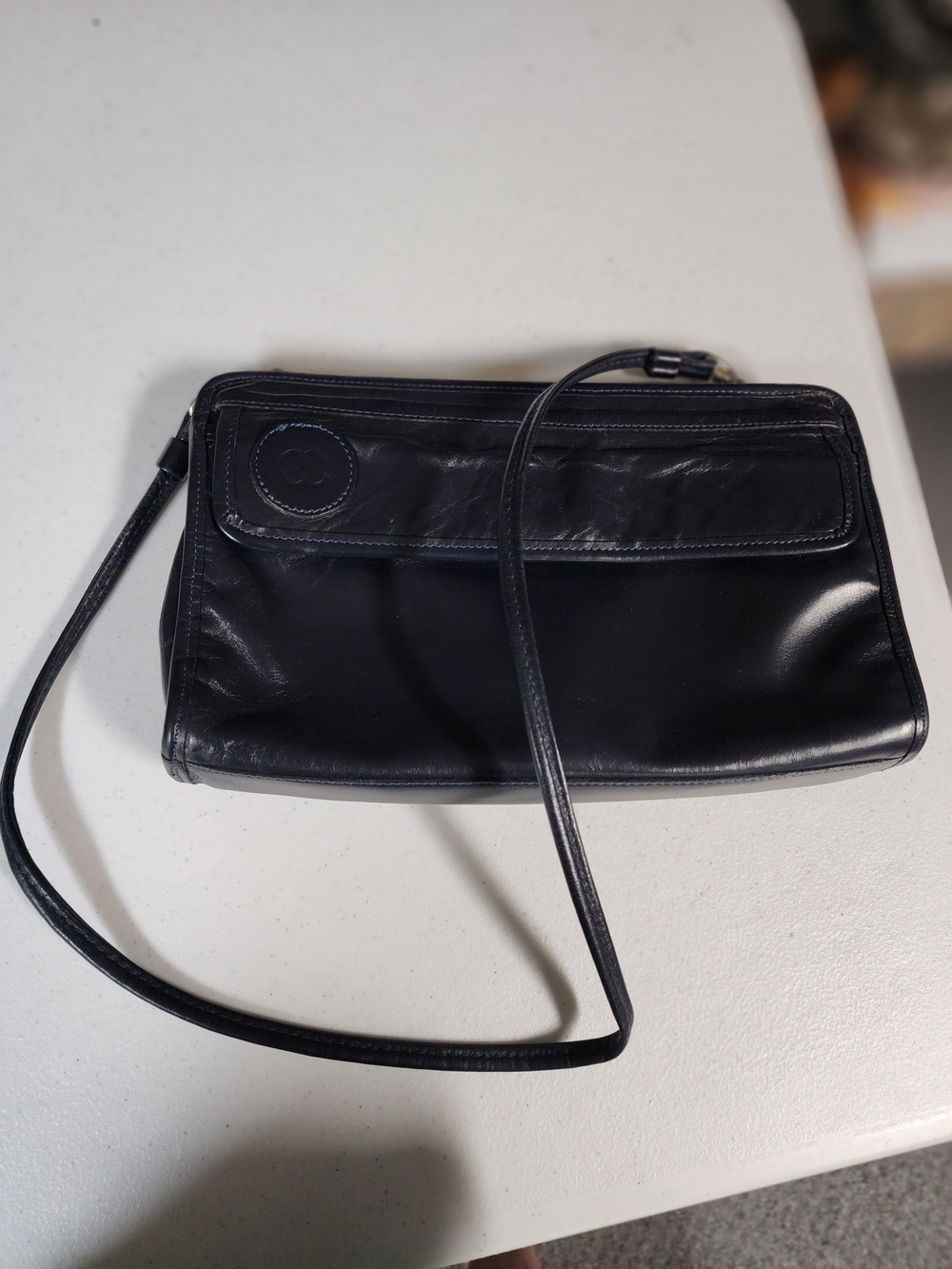Vintage 1980 Oleg Cassini Black Leather Clutch With Strap. With OC Hand Stitched